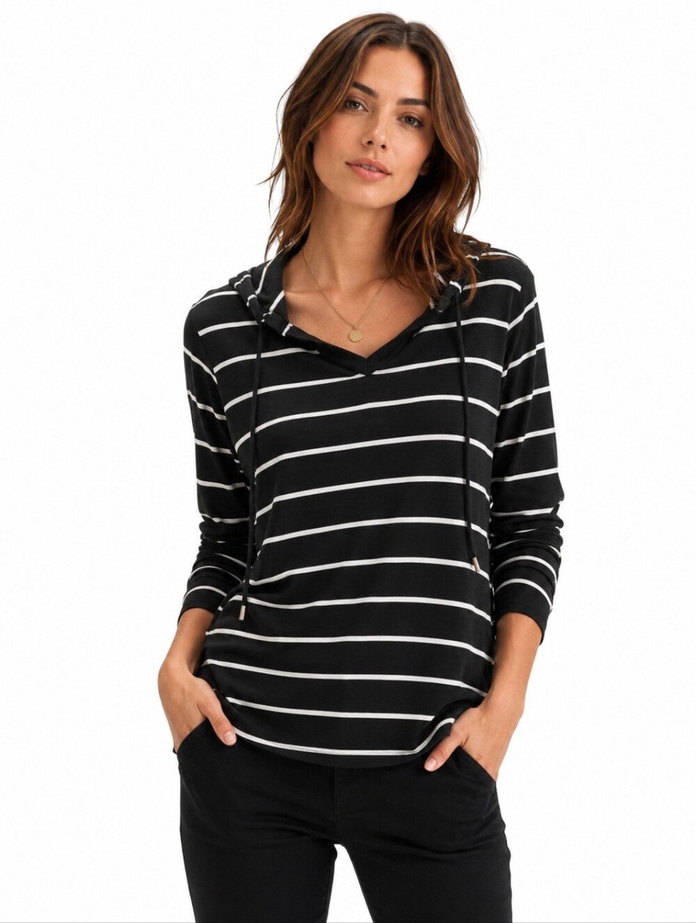 Cyrus Black & White Striped Hooded V Neck Tee shirt Large